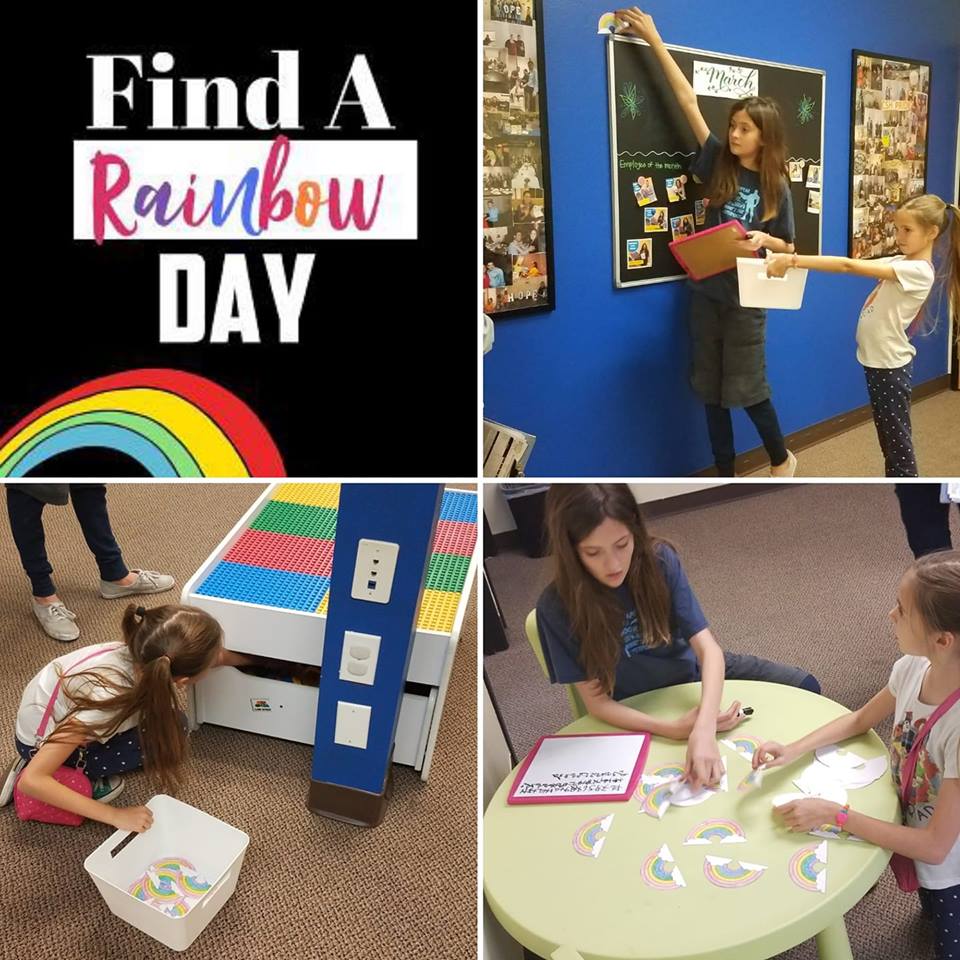 Cs4Hope's tweet image. It's #NationalFindARainbowDay ! Check out the scavenger hunt at our office! This sibling duo looked all through the office for hidden rainbows! How many rainbows have you found today!?