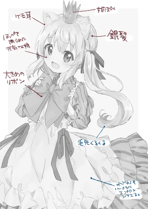 描きました。2枚目はリプでもらった要素(赤)とちょっとしたこだわりポイント(青)3枚目はデザインラフです( `ω')
 #フォロワーさんの好きな要素を詰め込んだ創作女子を描く 