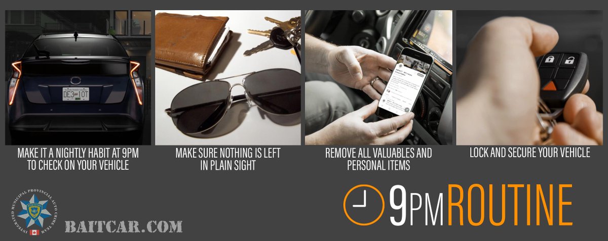 BCRCMP's tweet image. It's almost 9 o'clock, head outside and perform the #9PMRoutine! Ensure your car is safe and secure overnight so you wake up to it just the way you left!  It's an easy and effective way to help fight auto crime! #stopautocrime