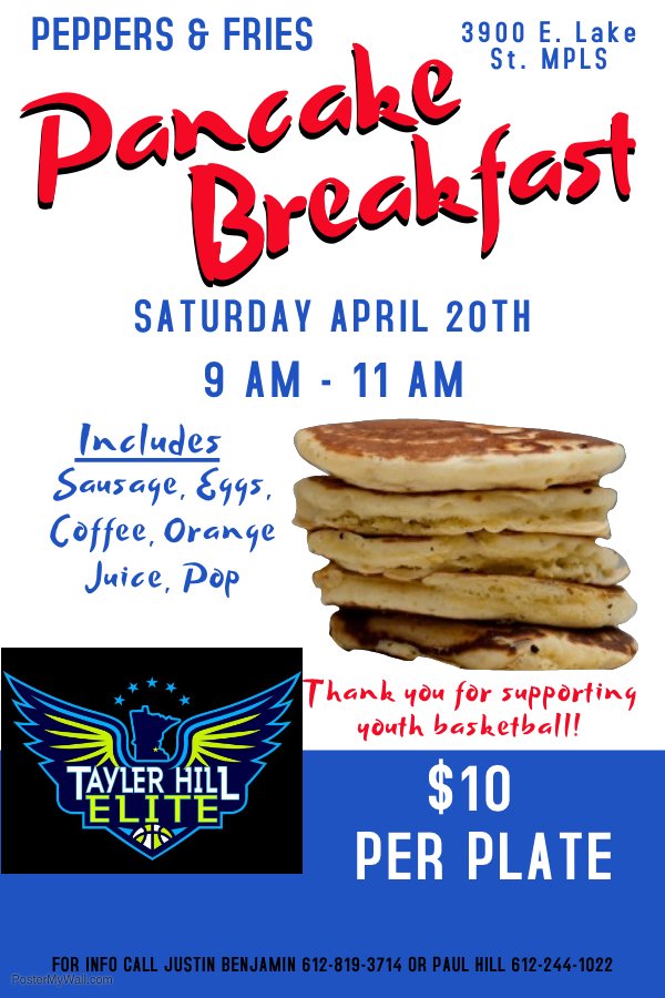 elite_hill's tweet photo. For Only $10 Per Plate:
Pancakes
Scrambled Eggs
Sausage Patty 
Drink (Pop\OJ\Coffee)

Please contact a player for tickets or purchase at the door on April 20th. https://t.co/ssRHhSiGrf