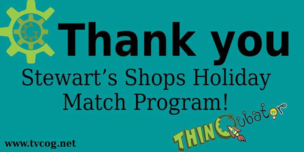 TVCOG's tweet image. The Tech Valley Center of Gravity sends out a big thank you to @StewartsShops  Holiday Match program for their generous gift of support for the @THINQubatorTroy! You are helping us empower kids and families to think, tinker, collaborate, skill-build, design and make. #makerkids