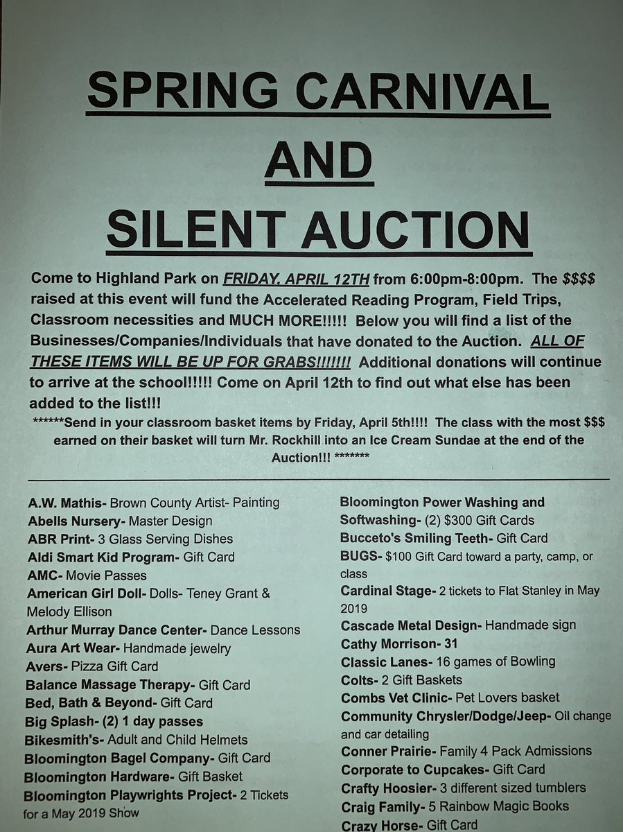 PTOHighlandPark's tweet photo. @HP_Pandas @HP_dramaclub @HP_Westphal @HPESsimic @roboticsHP @MissCherry_HP @MrsJamesHP @hawkinsgrade3 @MissSparksHP Have you seen the list of Auction Items at our Spring Carnival? https://t.co/02tmjAQsKj