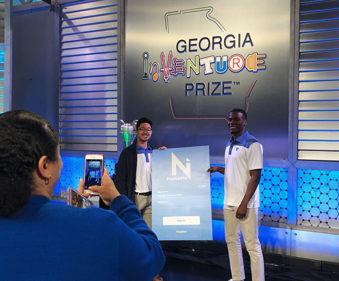 enigsu's tweet photo. Post-pitch photo op @gpbnews at the preliminary round of #GAInVenturePrize! 📸 @GeorgiaStateU team @nspireme co-founders @TimothySok and @cjokolo17 accompanied by @jackiedavissays of @enigsu and @mrsbracey of @launchgsu, #TheStateWay! https://t.co/9rgaHEeFZ1
