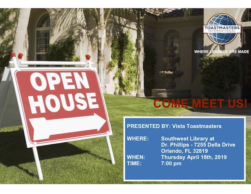 Come meet us! Open House on Thursday April 18th #Vistatoastmasters #ToastmastersInternational