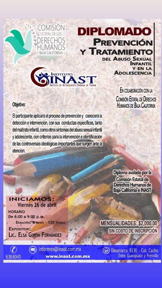 CEDHBC's tweet photo. Les compartimos esta información respecto a los Diplomados Abuso Sexual Infantil y en Adolescentes, Diplomado en Tanatología y Taller la Familia ante la Problemática de las Adicciones, que impartirá el Instituto #INAST con la colaboración de la #CEDHBC. https://t.co/Wqo5mF9No0