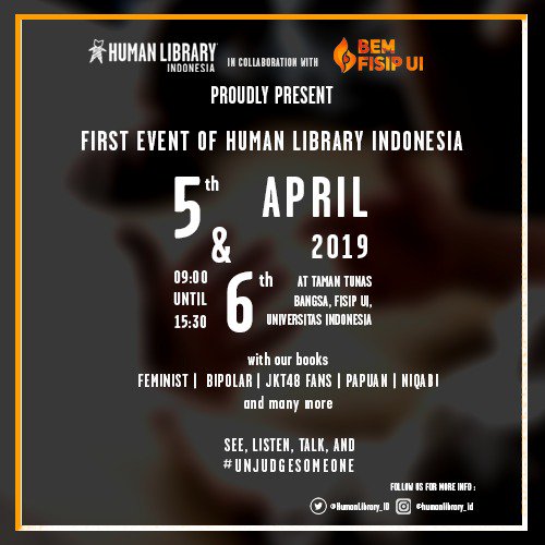 HumanLibrary_ID's tweet photo. attention, tomorrow's coming!
acara perdana @HumanLibrary_ID pindah tempat ke yang lebih PW di FISIP UI 😌
boleh banget ajak teman2mu, tapi jangan lupa mengajak diri sendiri https://t.co/C5xRb7X7t2