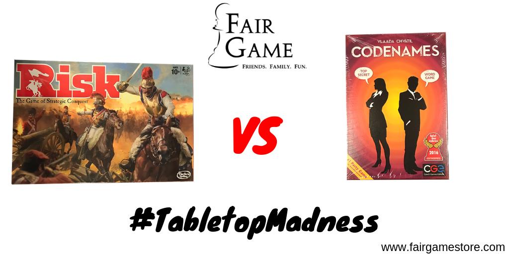 FairGameStore's tweet image. Risk vs. Codenames are next up in a battle for a spot in the #TabletopMadness Championship. Who will it be... your votes will decide!