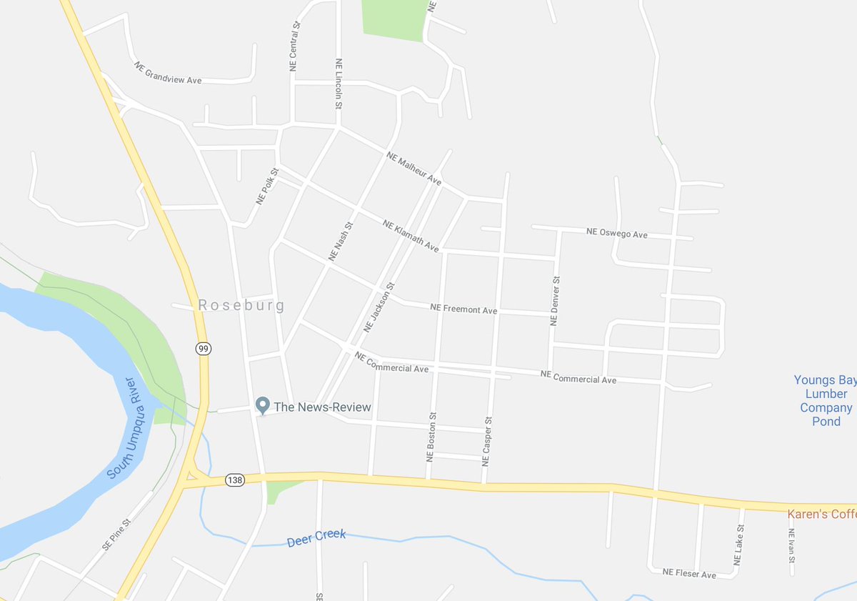EchoCouncilCo's tweet photo. @NicWritesRayne It sound silly but I've tried zooming into random places on Google Maps and seeing small town names and street names and mixing them up to see if anything sounds good. Here's something I just tried: Roseburg? Rose Burg? Klamath? Fleser? https://t.co/aDMEhlhy75