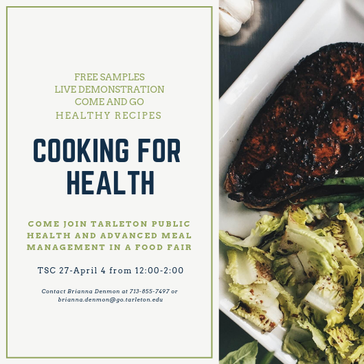 TarletonPH's tweet photo. Do you want to know how to prepare quick and healthy meals as a student? Join us for a live cooking demonstration tomorrow! See you at TSC 27 starting at noon! Free food samples!!! #NPHW #TarletonPublicHealth #Tarletonstudents #TarletonWellness https://t.co/KFXAVM0UTi