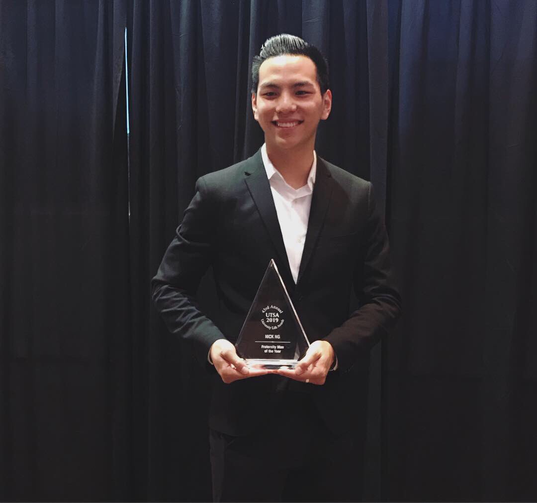 utsamgc's tweet photo. Congratulations to our President, Nicholas Ng, for winning Fraternity Man of the Year at UTSA’s 43rd Annual University Life Awards! 🏆 #utsa #greeklife #utsagreeklife #utsagogreek #birdsup #getinvolved https://t.co/QKwgwh6qut