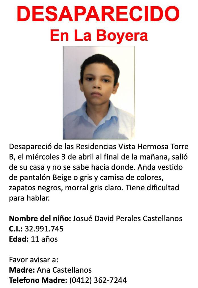 ATENCIÓN. NIÑO DE 11 AÑITOS DESAPARECIDO HOY EN URB. LA BOYERA
