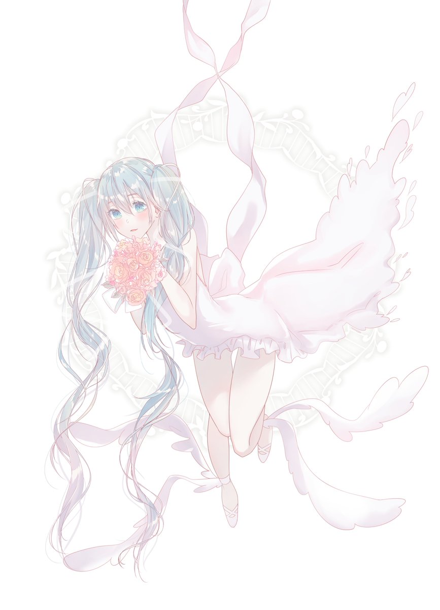 初音ミク 「ピアプロ運営です。本日は「白」作品をご紹介!紗彩さんの、花束を持ったミクさん!ふ」|piapro(ピアプロ)のイラスト