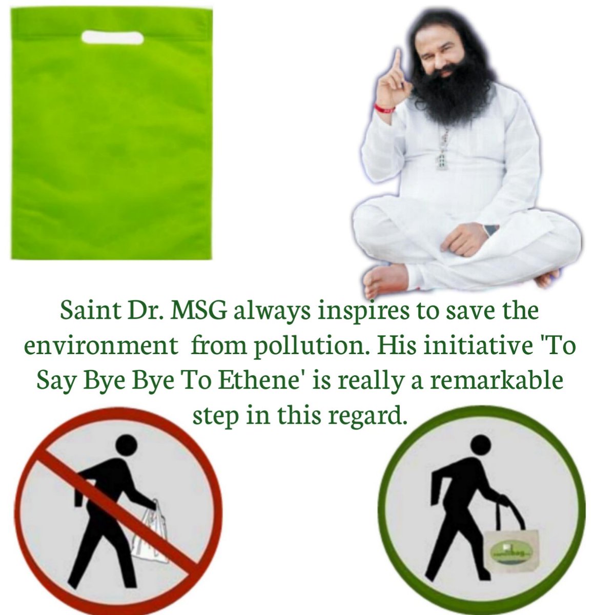 ksushma140's tweet photo. #SayNoToPolythene uses of polythene bags hazard for environment. saint @Gurmeetramrahim ji urges masses to switch paper or cloth bags or bags made from biodegradable material, are ecofriendly easy to recycle. @derasachasauda https://t.co/i0tMBnUXDS