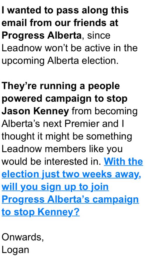 FairQuestions's tweet photo. @RachelNotley @charlesadler Premier Notley,

Someone forwarded this email from @leadnowca, a leader in The Tar Sands Campaign to LAND-LOCK your oil. 

Obviously, @leadnowca supports @ProgressAlberta who campaigns against @jkenney. This helps you.

Is this why you are mute about the Rockefellers?

Y or N ? https://t.co/Wm79cahcgK