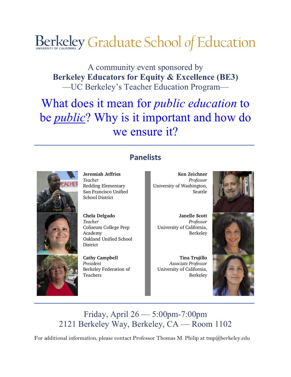 Thomas M. Philip (@thomasmphilip) on Twitter photo Join us on April 26 5pm-7pm at UC Berkeley for a discussion on what it means for public education to be public, why it is important, and how we ensure it. <a href="/zeichnerkm/">ken zeichner</a> <a href="/janelletscott/">Janelle Scott</a> <a href="/T4SJ/">Teachers 4 Social Justice</a> <a href="/CFTunion/">CFT</a> @BE3Teach @BerkeleyGse Join us on April 26 5pm-7pm at UC Berkeley for a discussion on what it means for public education to be public, why it is important, and how we ensure it. <a href="/zeichnerkm/">ken zeichner</a> <a href="/janelletscott/">Janelle Scott</a> <a href="/T4SJ/">Teachers 4 Social Justice</a> <a href="/CFTunion/">CFT</a> @BE3Teach @BerkeleyGse