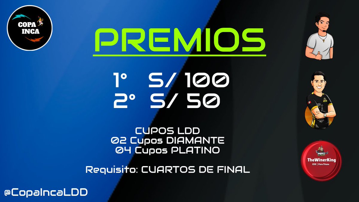 PREMIOS COPA INCA 🇵🇪

Agradecemos a nuestros Sponsors quienes nos permitirán premiar a los mejores equipos de la competencia.

Además ofrecemos cupos para la CUARTA EDICIÓN de la LIGA DIVISIONES PERÚ.

SPONSORS 💪
▶️ <a href="/reimiro10/">Reimiro</a>
▶️ <a href="/reyjoseant/">reyjoseant</a>
▶️ @SiRKriztyan

#LDD_PERÚ 🇵🇪