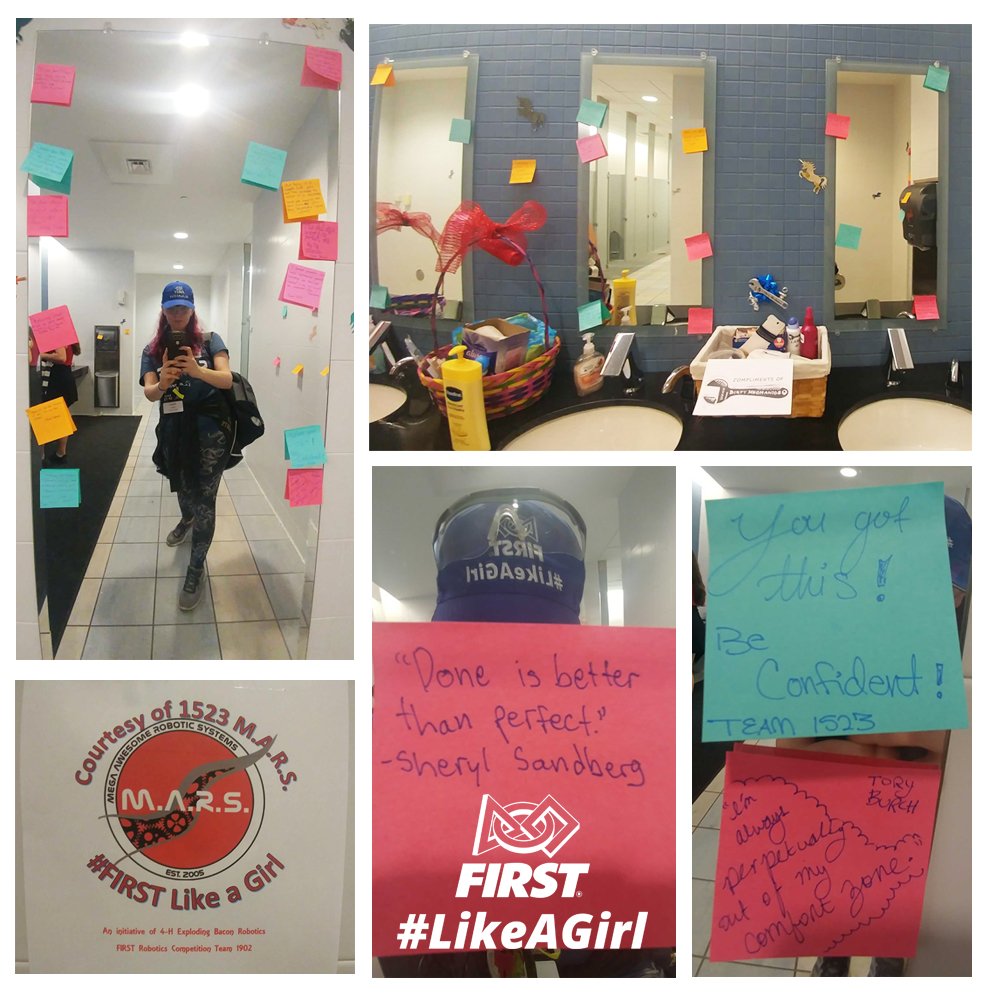 Shout out to FRC Team 1523 M.A.R.S. for their notes of empowerment at the <a href="/SouthFloridaFRC/">South Florida FRC</a> Regional! Mirrors full of messages helped remind us we are strong, passionate, and brilliant no matter who we are.  This is how our friends on <a href="/FRC1523MARS/">FRC Team 1523 MARS</a> do #firstlikeagirl!