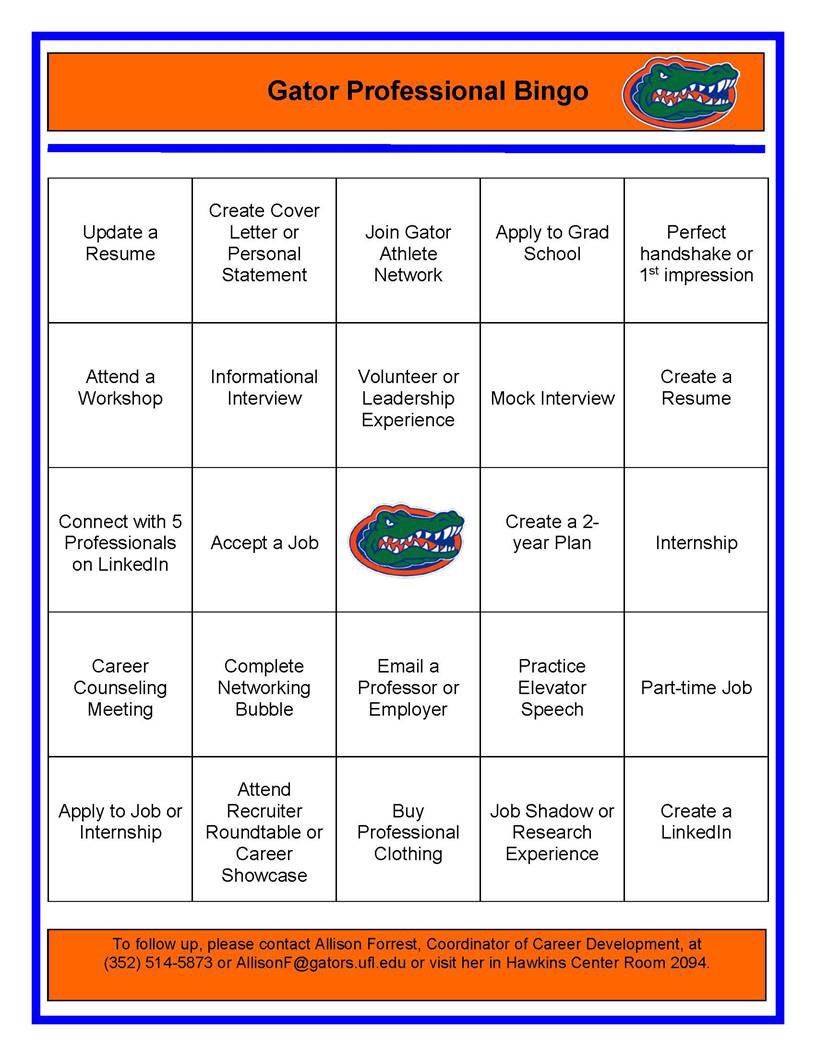 DrAlliGatorUF's tweet photo. @BrookePorter_ @KristiaWorthy @SAthleteDevChat Identity 24 career related tasks ranging in difficulty. Strategically place them on the board so freshman through seniors can win. SA must come to office to place name in square of completed task aiming to get Bingo. Here’s this semester’s board. #SAthleteDevChat https://t.co/xZEalTrtfk