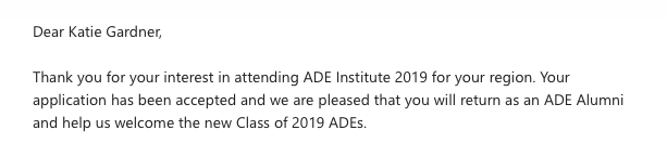 gardnerkb1's tweet photo. Honored & excited to be accepted to attend #ADEinstitute2019 ! Can't wait to welcome the ADE class of 2019! #AppleEDUChat #ADE2019 https://t.co/JudinP959W