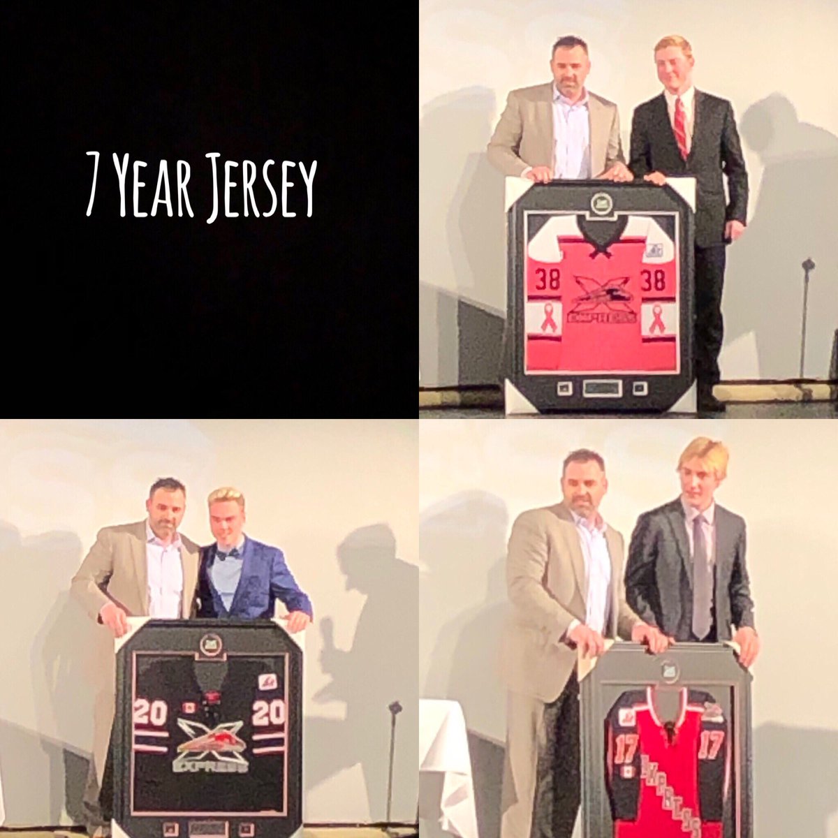 Congrats @Hockeyboy9Ryan <a href="/MasonWright38/">Mason Wright</a> &amp; AJ McGarritty receiving 7 year jerseys from <a href="/YSExpress/">York Simcoe Express</a> &amp; to the entire team on a Season Well Played!  Good luck in <a href="/OHLHockey/">Ontario Hockey League</a> Draft this weekend.  This is the beginning of a new chapter in a Choose your Own Adventure #Brotherhood
