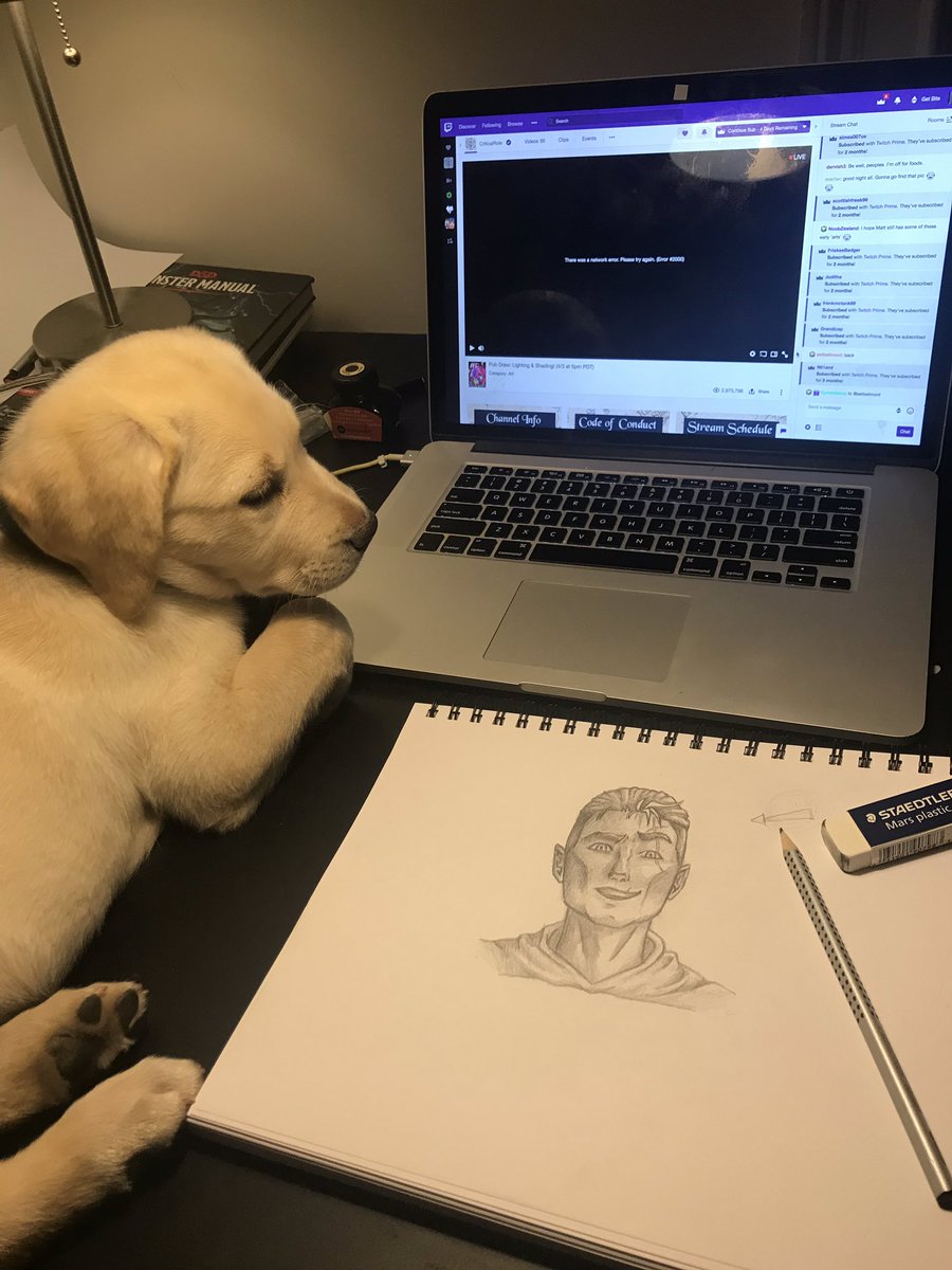 KatAtTownley's tweet photo. I’m proud of this quizzical Fjord I drew for #PubDraw tonight! Shadows this dramatic are new territory for me and lighting is all new... (feat. Maggie the puppy who is a hit for obvious reasons 😉❤️) #CriticalRoleArt https://t.co/dURDbjlCn3