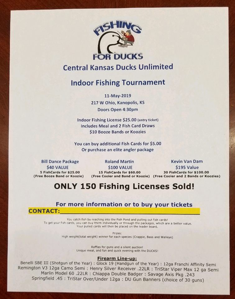 longball_52's tweet photo. 🍤🌽🐠🏆🔫 🎟

Shrimp Boil/ Indoor Fishing Tournament/Gun Raffle

Central Kansas Ducks Unlimited Chapters will be doing a Shrimp Boil/Indoor Fishing Tournament Saturday May 11th at the Kanopolis Community Building. Only 150 tickets will be sold!! Contact me to reserve your spot! https://t.co/5j0pq6qERu