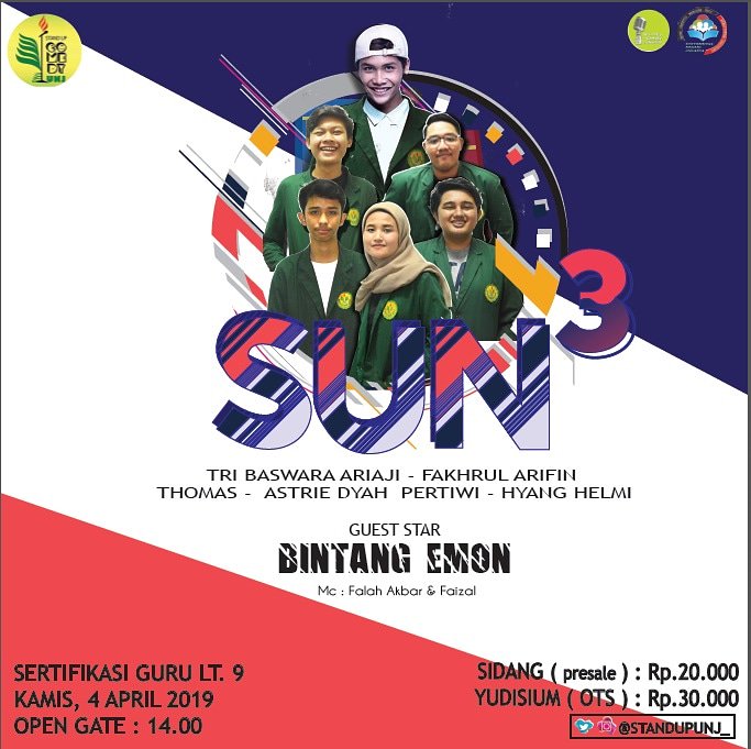 hari ini ! / #SUN3UNJ / tb - arifin -
thomas - astrie - helmi - <a href="/bintangemon/">haduhaduh</a> /
gedung sertifikasi guru lt . 9 / open gate
mulai jam dua siang / mari bersenang -
senang