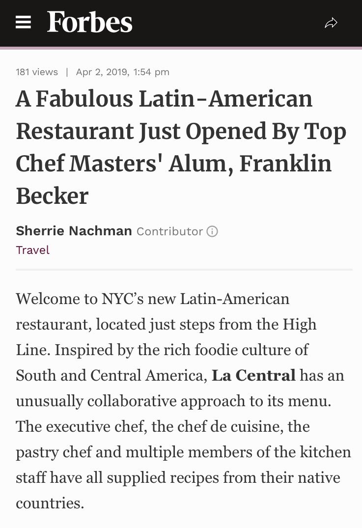 Thank you <a href="/Forbes/">Forbes</a> and Sherrie Nachman for this #tasteful and #delicious article! La Central and I are glad that you had a great #food experience. #bravo story! #foodnews #FoodForThought #delicious #nyceats #cheffranklinbecker #topchefmasters <a href="/BravoTopChef/">Bravo Top Chef</a> bit.ly/2UdJh1l