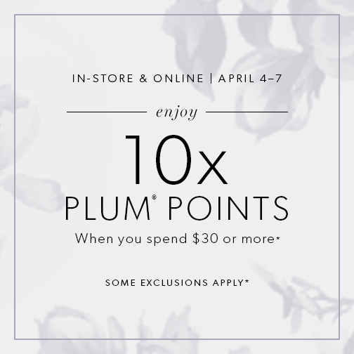 Indigo_Barrie's tweet photo. Get 10x the plum points when you spend $30 or more! In-store & online. Offer valid from April 4-7, 2019. Some exclusions apply. See in-store or online for details and exclusions. #10XPlumPoints #PlumRewards #PlumPerfect https://t.co/p7EC8Ldtxn