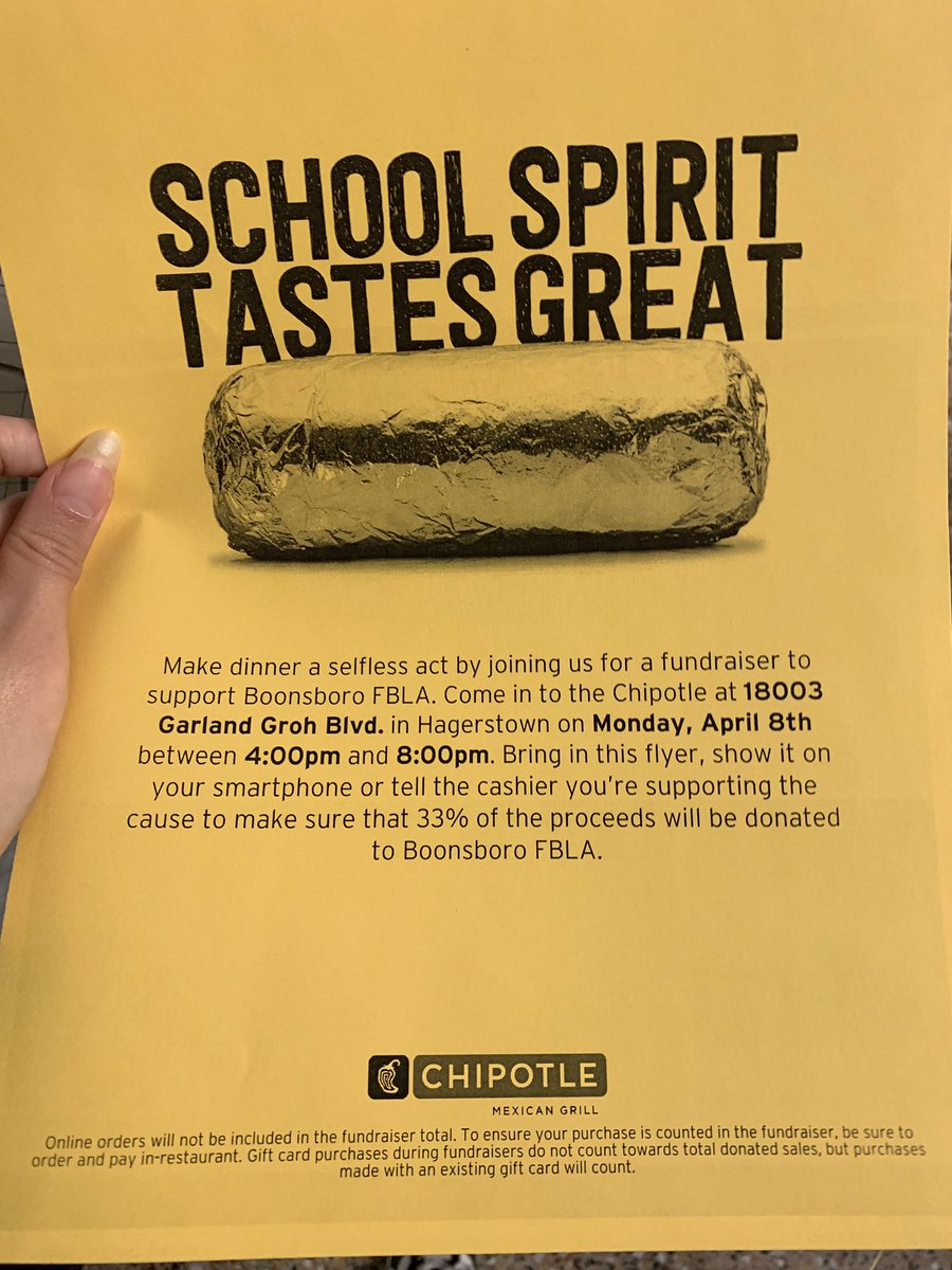 BHS_FBLA1's tweet photo. Don’t forget to go to Chipotle Monday, April 8th to support Boonsboro FBLA fund our trip to nationals!!! P.S. mention to the cashier that you’re there for a Boonsboro FBLA or you can show them this picture! https://t.co/U8HDUg0ciB