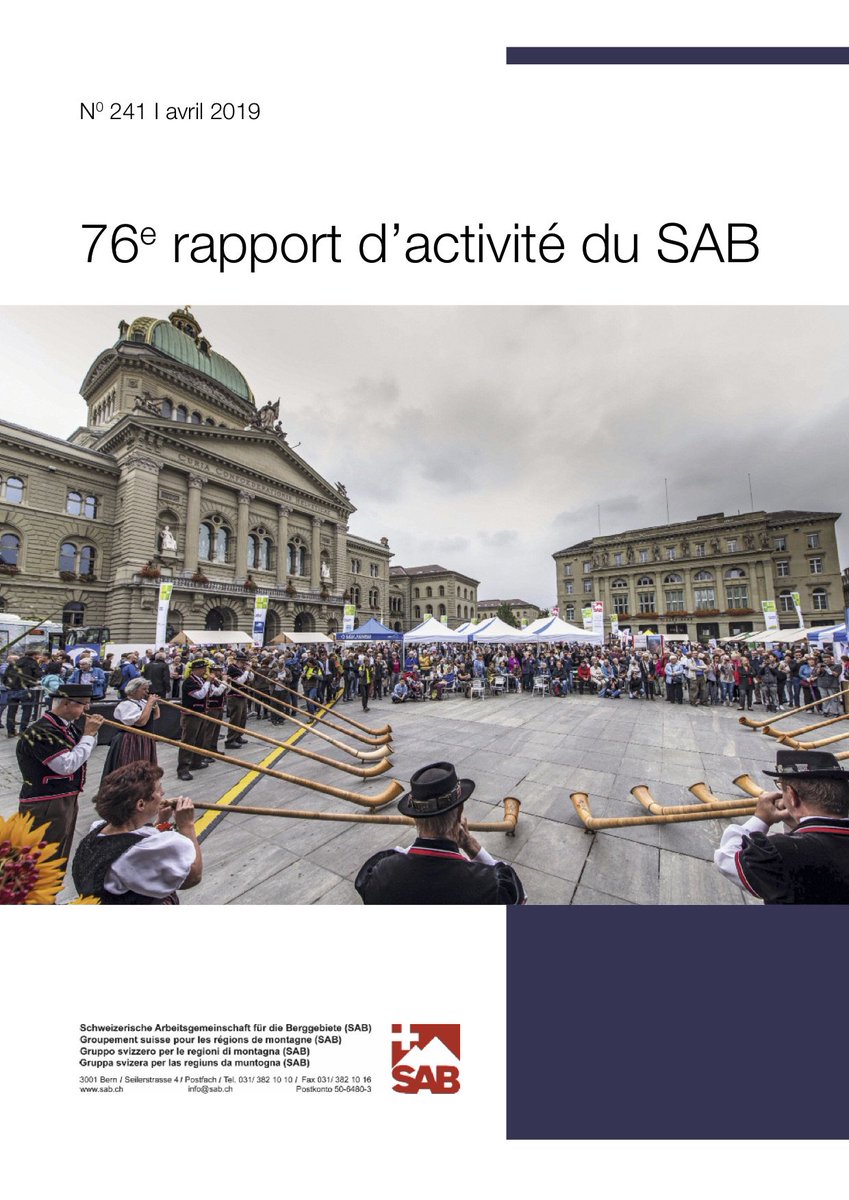 Que fait le #SAB, quels sont ses principaux thèmes, comment soutenons-nous les  régions de #montagnes et l'espace #rural ? Le rapport d'activité 2019 vous  permet de découvrir la diversité de nos engagements :
bit.ly/2VrwDIF