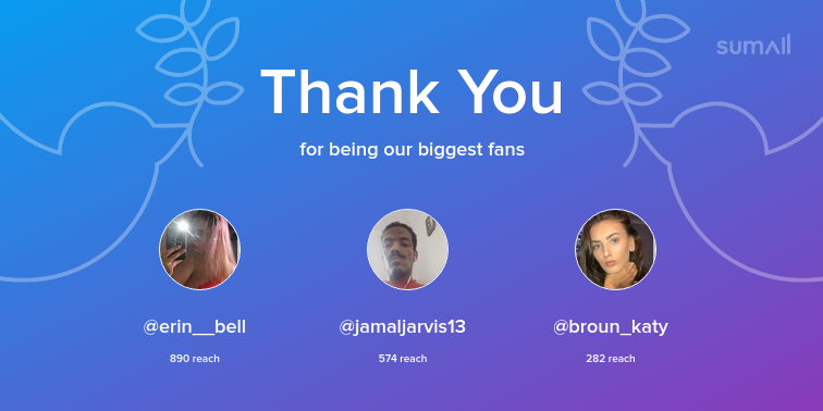 Our biggest fans this week: @erin__bell, @jamaljarvis13, @broun_katy. Thank you! via sumall.com/thankyou?utm_s…