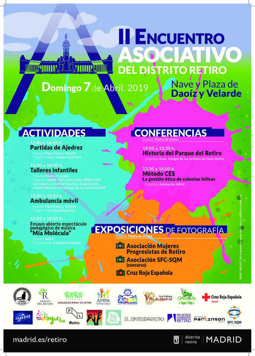 El domingo, 15 entidades que operan en #Retiro compartirán sus experiencias en el II Encuentro Asociativo del distrito. Habrá actividades infantiles, talleres, exposiciones, música ¿te animas?😄 <a href="/subealasnubes/">NoMeBajoDeLasNubes</a> <a href="/AMProgresRetiro/">ASOC. MUJERES PROGRESISTAS DE RETIRO</a>  <a href="/ParkinsonMadrid/">Asociación Parkinson Madrid</a> <a href="/SindromeSQM/">#SQM #SFC #FM</a> <a href="/AgarGatosRetiro/">Asociación AGAR</a>