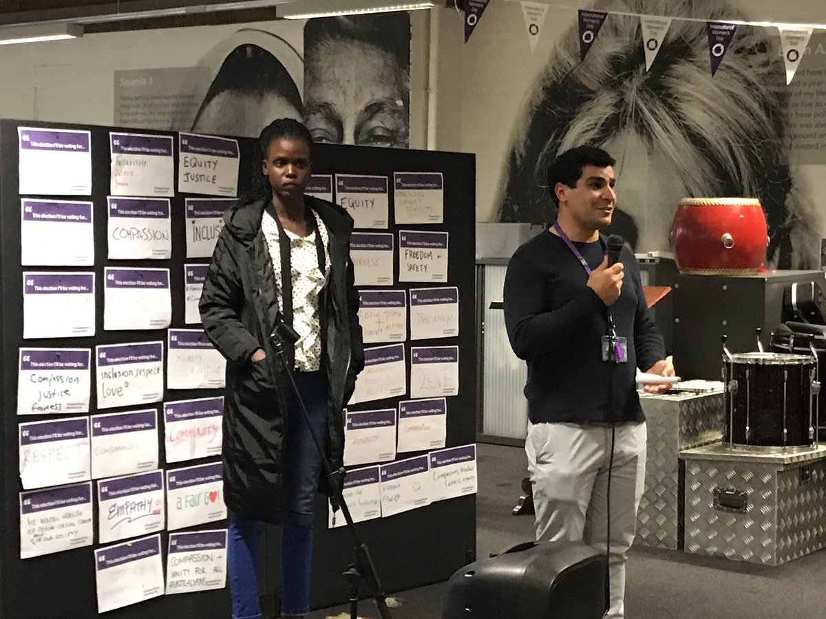 jgulzari's tweet photo. Two asylum seeker, who are leading advocates for the rights of #Refugees leading up to federal election. @ahmadha24949101 @AkuolGarang1 tonight at @ASRC1 please #SayNoToSRSS #SayNoToPunishingRefugees this federal election. @auspol https://t.co/z2KItDOWJu