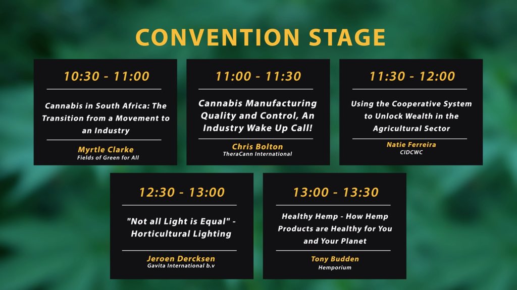 thecannabisexpo's tweet photo. Here is today’s #CannabisExpoCPT workshop schedule! https://t.co/ZFN2N83Ew8