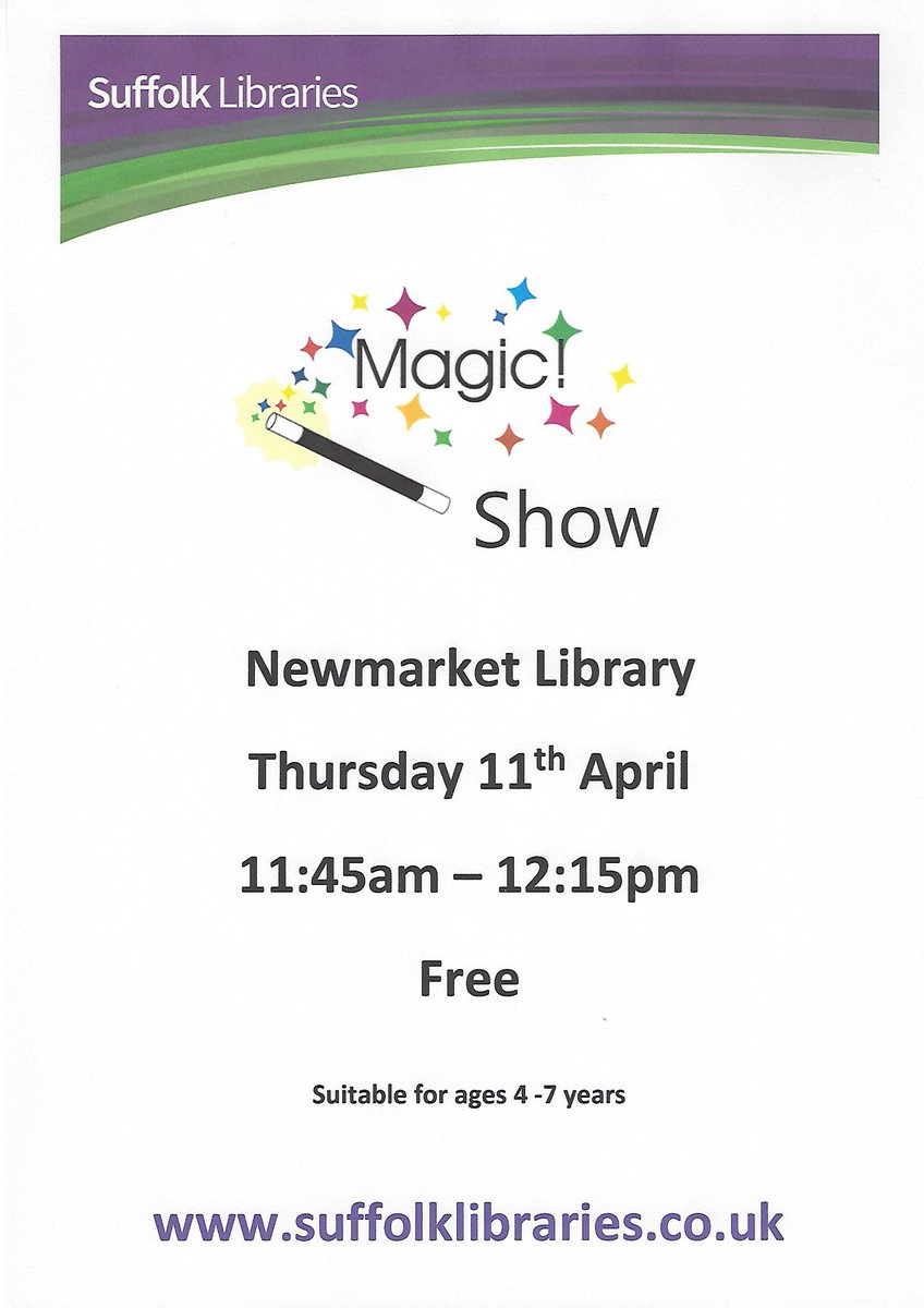 Next Thursday! Looking for something #fun & #free to do at #Easter? Come along to our children's magic show 11th April at 11.45am. No need to book, just turn up. 🎩🐇🐰@SuffolkLibrary @WhatsOnWSuffolk @forestheath @nmktparents @Nmktbusiness @DiscoverNMKT @GuineasShopping