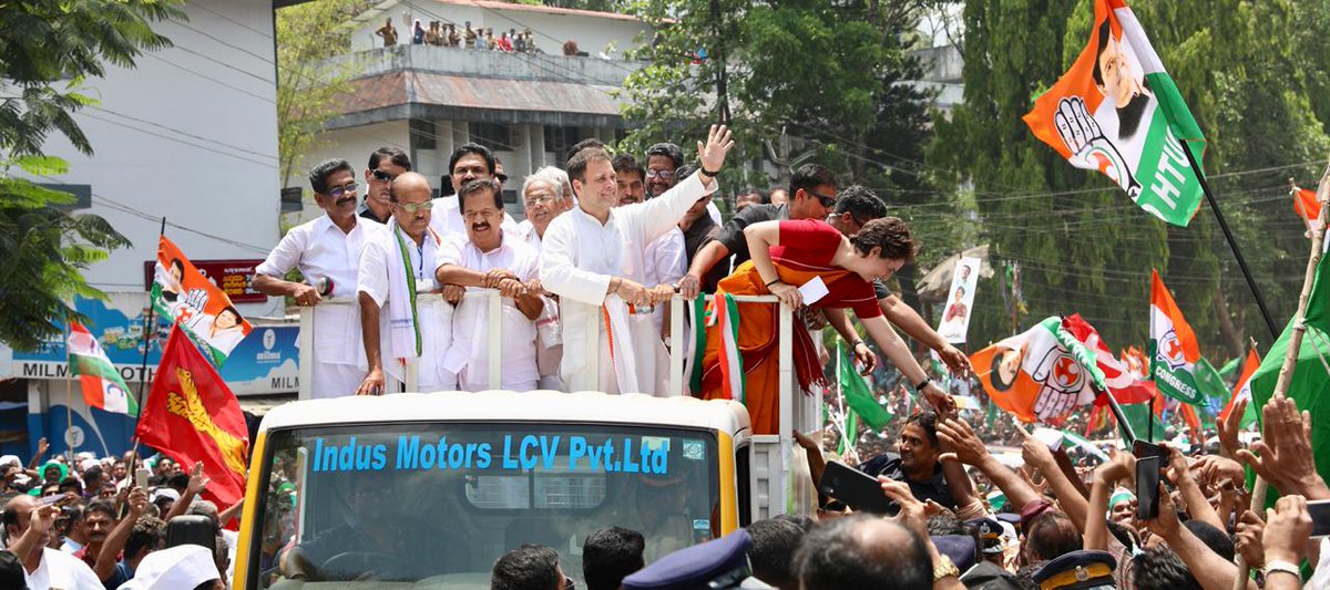 INCIndia's tweet photo. What an incredible day in Wayanad, Kerala as Congress President @RahulGandhi files his nomination. Thousands gathered to share their love &amp; join in the revelry. 

#RahulGandhiWayanad 
#RahulTharangam https://t.co/AORhTh1EDG