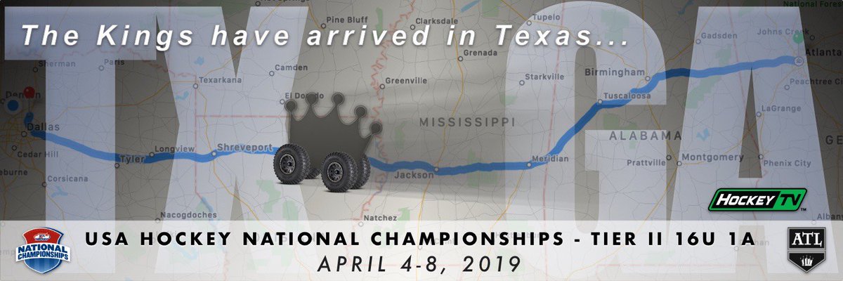 AtlantaJrKings's tweet photo. The Kings have arrived in Texas for the 2019 USA Hockey National Championships. Game schedule...
 
· APRIL 4 @ 2:15PM vs. Team Wyoming
· APRIL 5 @ 10:00AM vs. Jr. Vegas Golden Knights
· APRIL 6 @ 6:15PM vs. KC Mavs
*CST

Watch online at https://t.co/Q8mSQV0JbQ https://t.co/rXbbcdhUwS