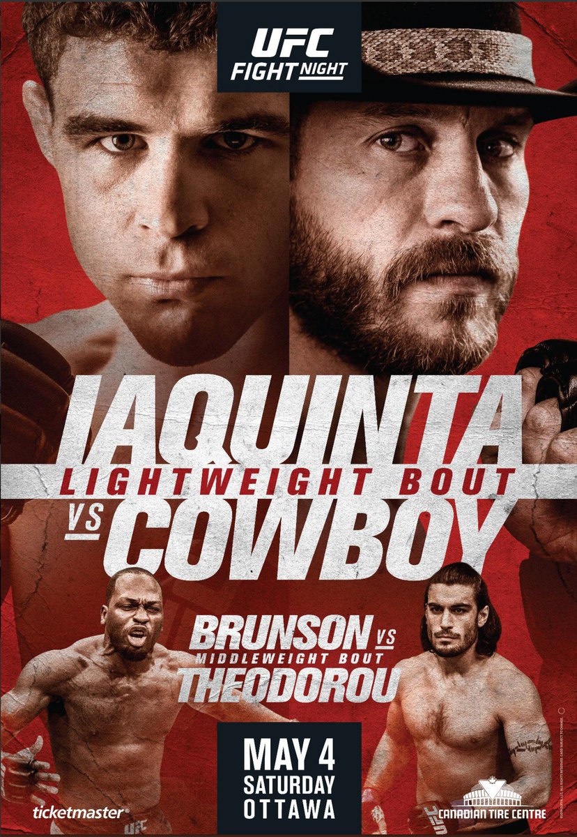 MMAIndiaShow's tweet photo. Whose side are you gonna pick? Donald "Cowboy" Cerrone or Al Iaquinta
The official poster for #UFCOttawa has arrived!!! 🇨🇦
#UFC #MMA #RaginAl #AlIaquinta #cowboycerrone #Derekbrunson #EliasTheodorou #middleweight #lighweight https://t.co/9urhjXLhkB
