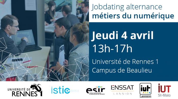 RennesUniv's tweet photo. #JobDating Vous postulez sur une formation en #alternance dans secteur du #numérique: développement & ingénierie logicielle, gestion informatique, système, réseaux & sécurité...
Rdv #CampusBeaulieu AUJOURD'HUI pr trouver votre entreprise d'accueil
https://t.co/he154BJnYD #PDN2019 https://t.co/Ba1sKIiQZH