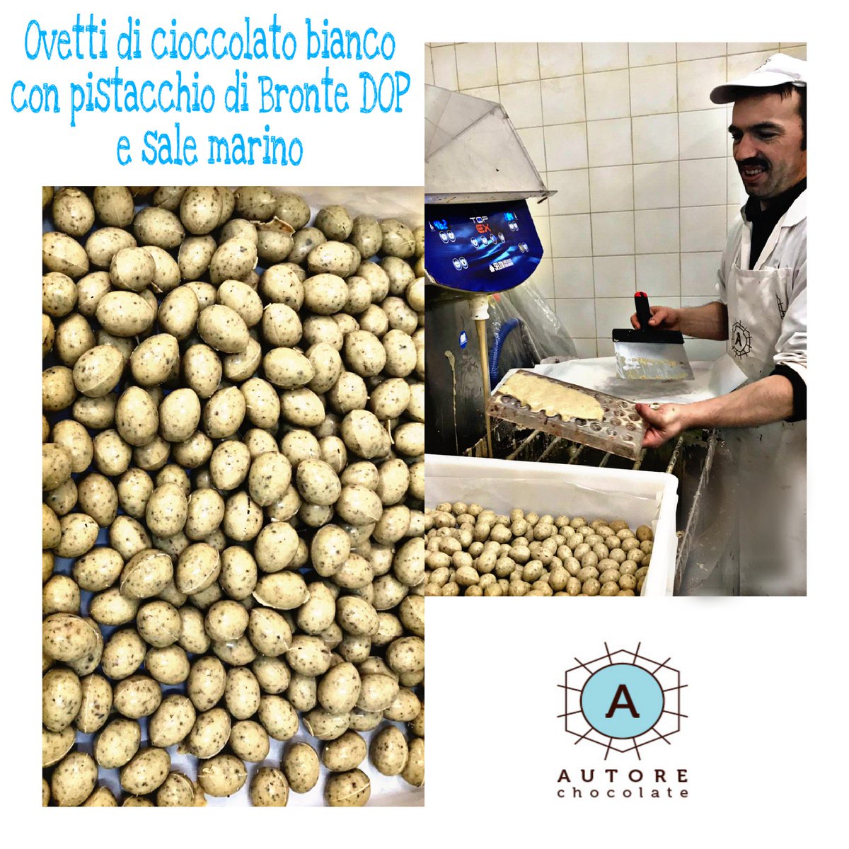 AutoreChocolate's tweet photo. Today Rossano is working for the pistachio lovers. At AutoreChocolate we care to offer a wide range of hand made products, so we have created also some white chocolate small eggs with pistachio and a snap of sea salt, a bite for an explosion of flavours! This is Autore Style https://t.co/wHsq6Vsu92