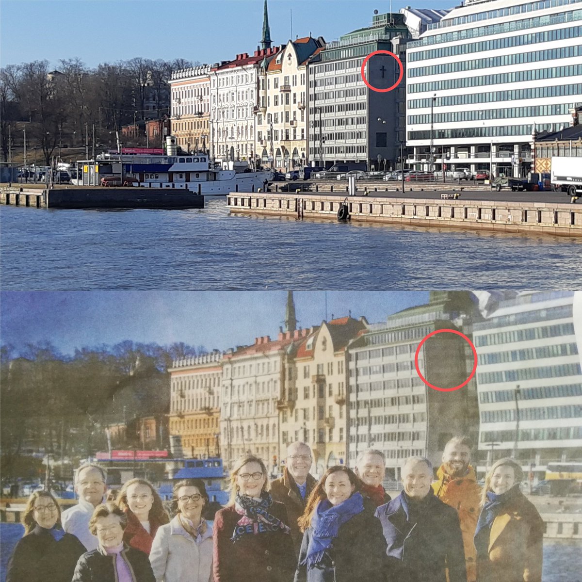 paivivee's tweet photo. Näin helposti uskonto siivotaan pois katukuvasta. Kuvassa taustalla Kirkon talo, jonka ulkoseinällä olevan ison ristin RKP on redusoinut pois vaalimainoksestaan. Kertooko tämä enemmänkin politiikastanne, @sfprkp ? #kirkko #uskonto #vaalit #rkp #uskonnonvapaus https://t.co/Ur39ignKjt