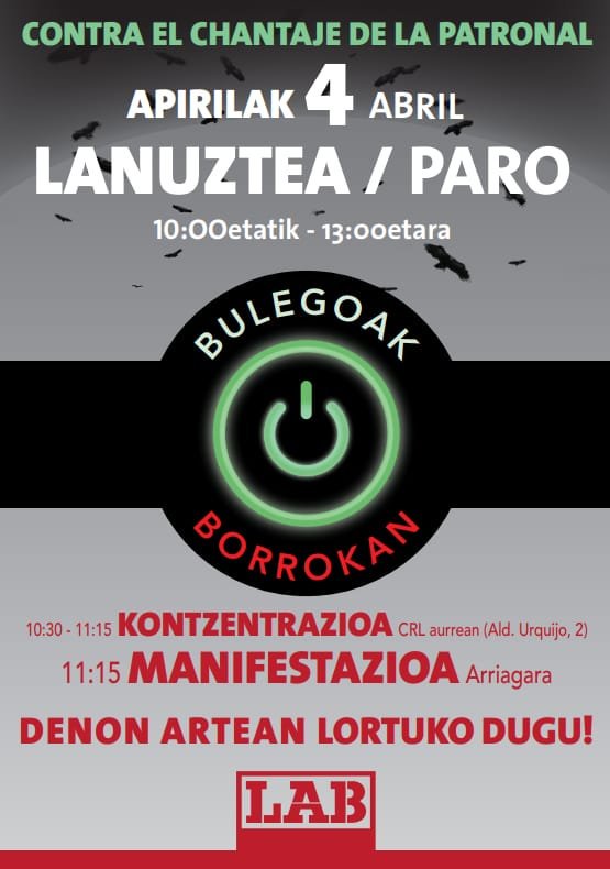 Gogoratu!!! Gaur 10etatik 13etara lanuztea eta mobilizazioa Bizkaiko Bulegoen hitzarmenean.
Recordad!!! Hoy paro y movilizaciones de 10 a 13 horas en el convenio de Oficinas y despachos de Bizkaia.