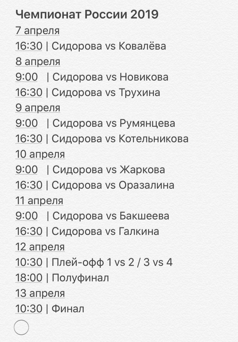 Чемпионат России по керлингу 2019.
📅Когда: с 7-13 апреля.
🌍Где: г. Сочи (Арена Ледяной Куб).
📺Трансляции: информация будет позже, следите за обновлениями.
🙋🏻‍♀️Состав команды: Анна Сидорова, Маргарита Фомина, Александра Раева, Кира Езэх, Евгения Дёмкина.
#teamsidorova