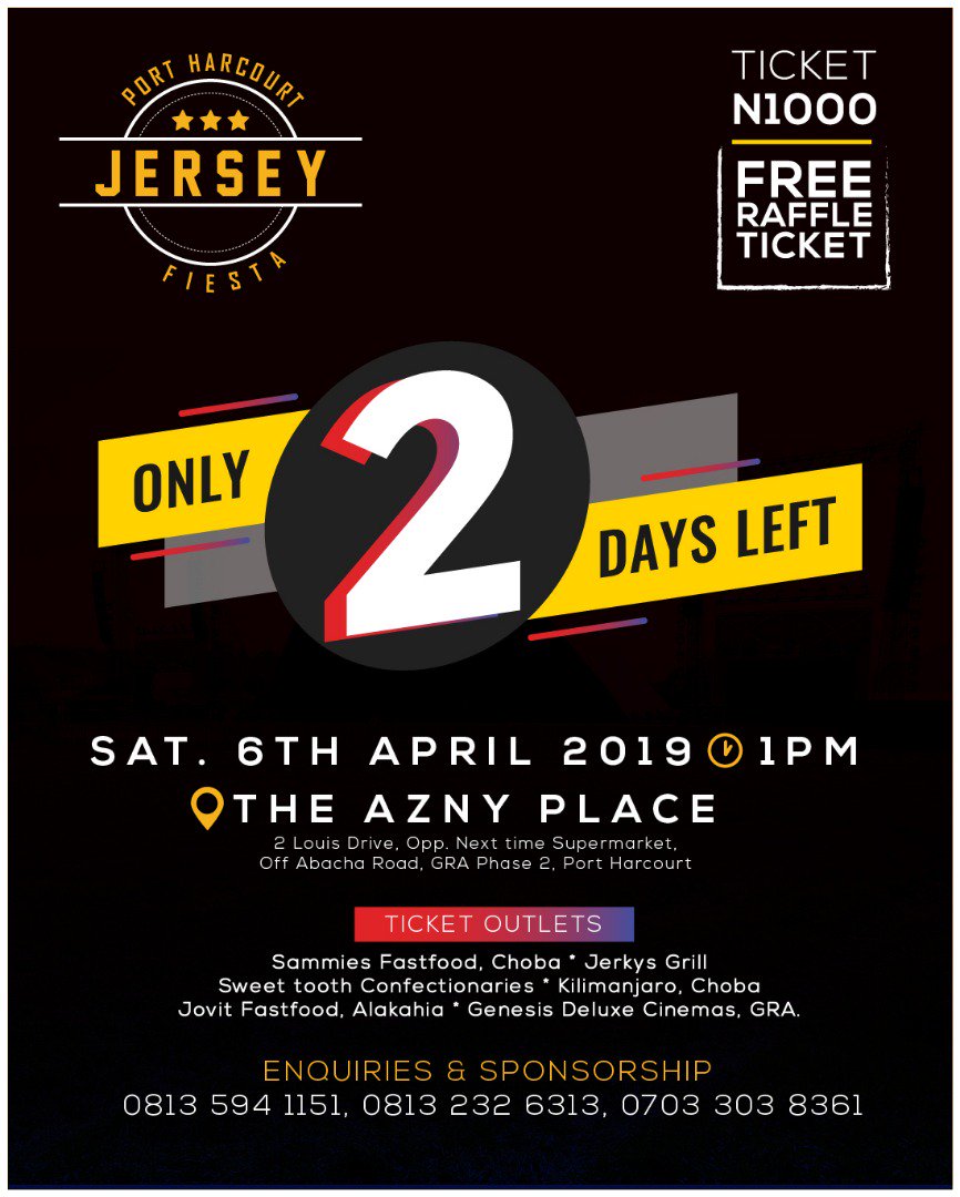 iPublicizePH's tweet photo. It's 2 days to the banger! 🎊 

What do you look forward to the most at the Port Harcourt Jersey Fiesta?

The performances? 🎤 
Meeting people? 👥
The Games? 🎮
The Amazing Prizes to be won? 🎁
The plenty chow? 🍝🍔🍰🍻🍸

Come one. Come all! Let's have fun.

#PHJerseyFiesta https://t.co/pihisPdAz3