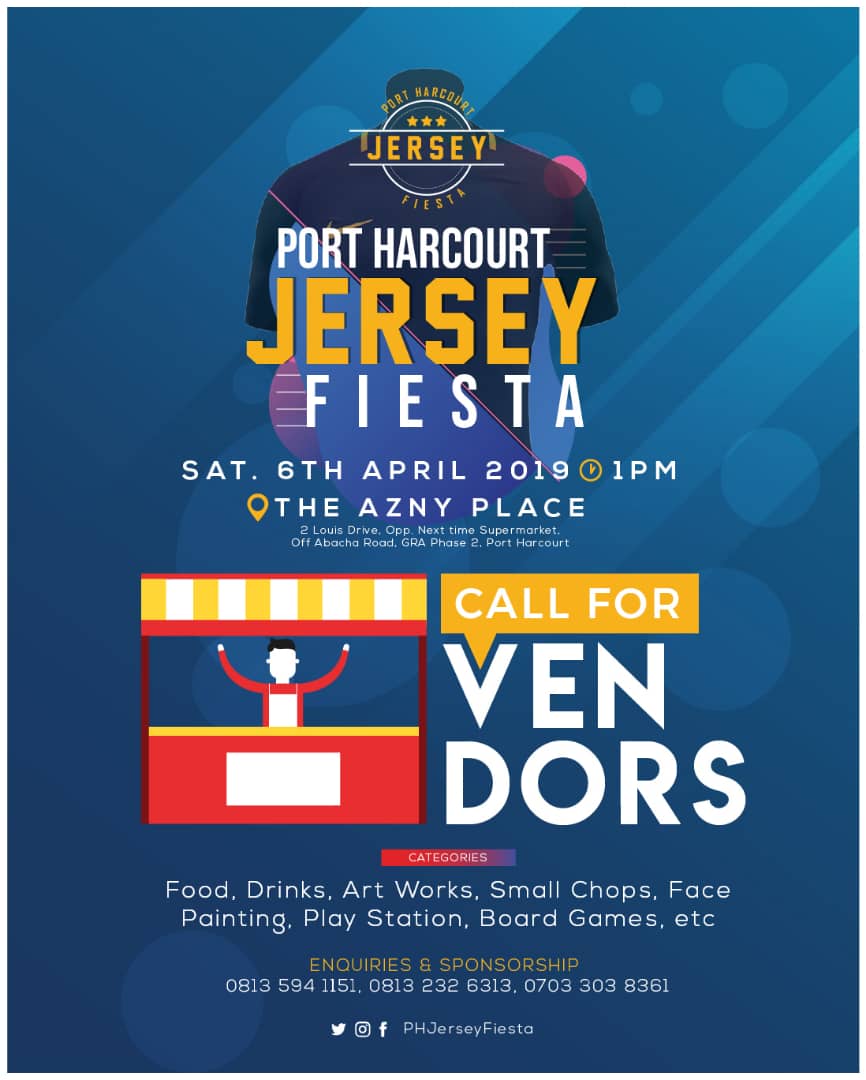 iPublicizePH's tweet photo. It's 2 days to the banger! 🎊 

What do you look forward to the most at the Port Harcourt Jersey Fiesta?

The performances? 🎤 
Meeting people? 👥
The Games? 🎮
The Amazing Prizes to be won? 🎁
The plenty chow? 🍝🍔🍰🍻🍸

Come one. Come all! Let's have fun.

#PHJerseyFiesta https://t.co/pihisPdAz3