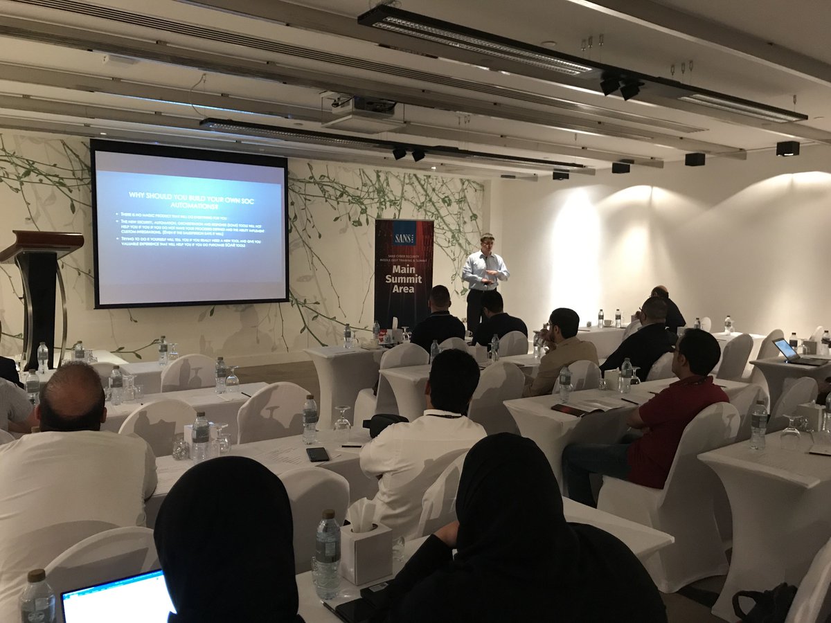 SANSEMEA's tweet photo. Why should you build your own SOC Automations? Because there is no magic product that will do everything for you! @l2nate at the #CyberSecurityME Summit. https://t.co/i8OkmdQwWo
