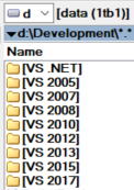 List of folders under d:\Development: one for each VS version from "VS .NET" to "VS 2017".