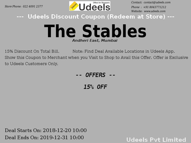 UdeelsU's tweet photo. 15% OFF | 15% Discount On | #TheStables | #Food | #AndheriEast | #Mumbai
https://t.co/FhwGEF65Ul https://t.co/W2fQdPOdAV