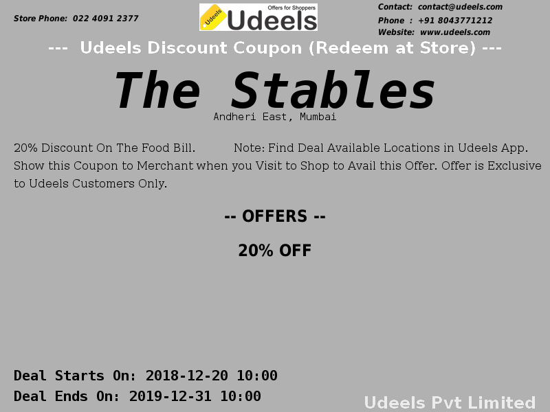 UdeelsU's tweet photo. 20% OFF | 20% Discount On | #TheStables | #Food | #AndheriEast | #Mumbai
https://t.co/NGB58rK7A8 https://t.co/X1bytMo2QG